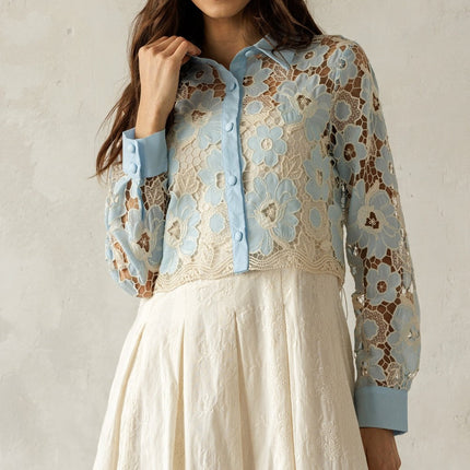 Baby Blue/Ivory Floral Lace Button Blouse