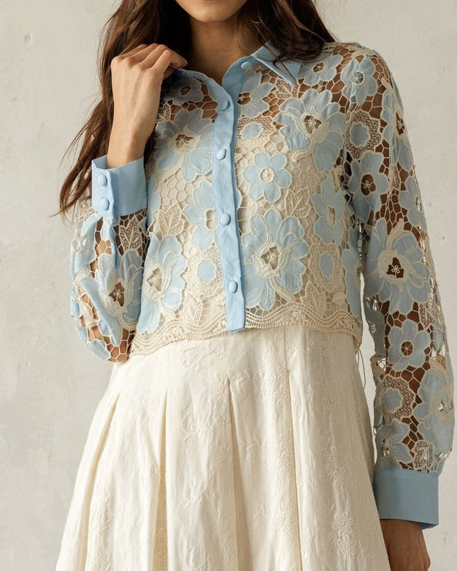 Baby Blue/Ivory Floral Lace Button Blouse