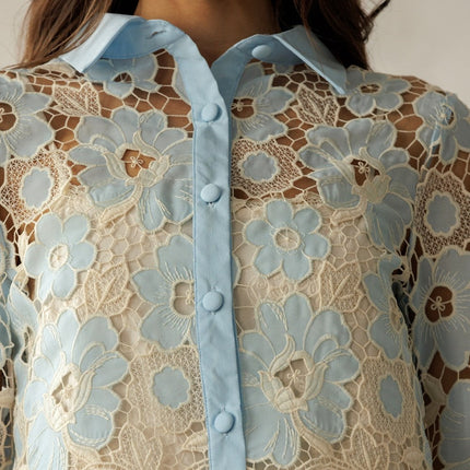 Baby Blue/Ivory Floral Lace Button Blouse