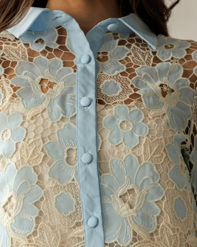 Baby Blue/Ivory Floral Lace Button Blouse