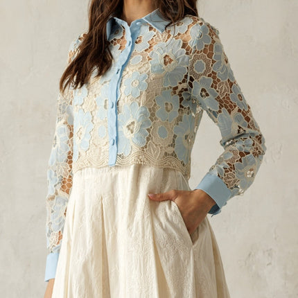 Baby Blue/Ivory Floral Lace Button Blouse