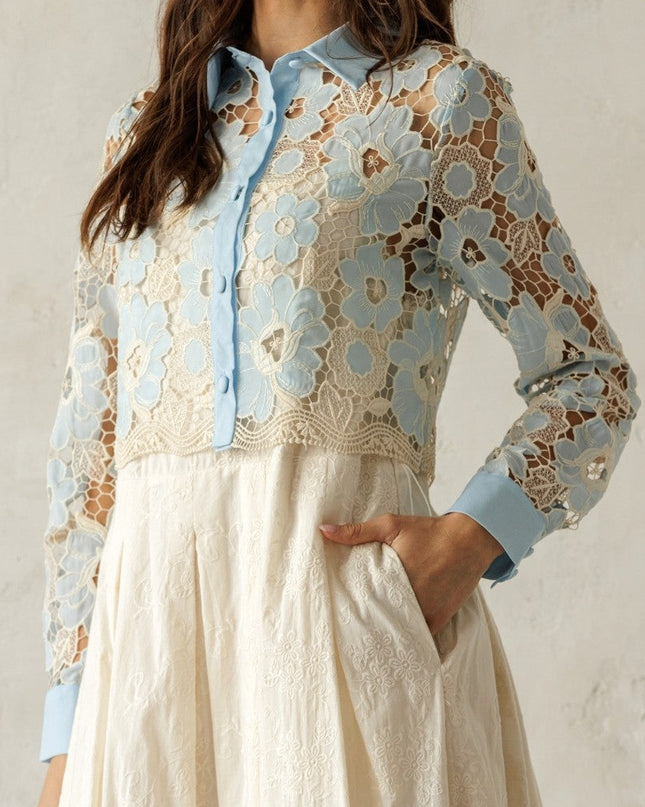 Baby Blue/Ivory Floral Lace Button Blouse