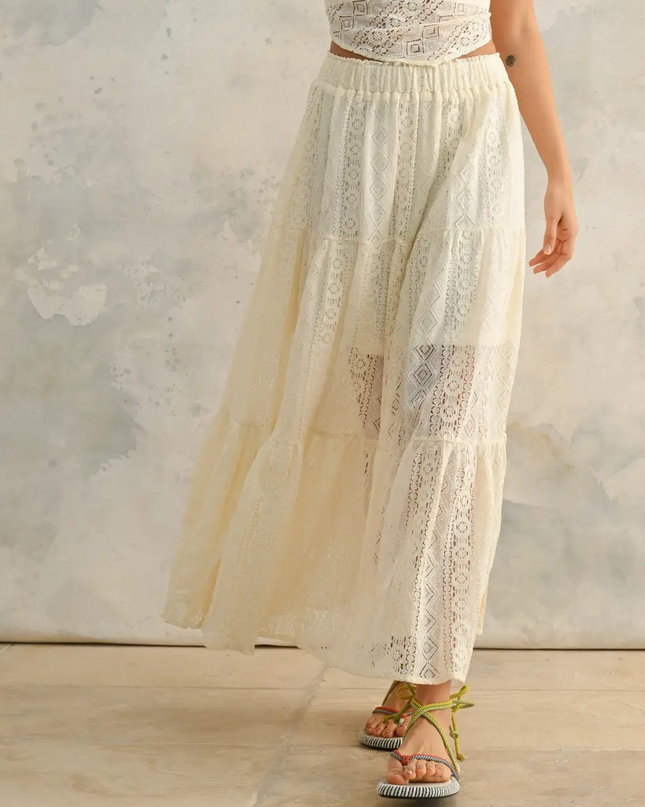 Beige Crochet Lace Tiered Skirt