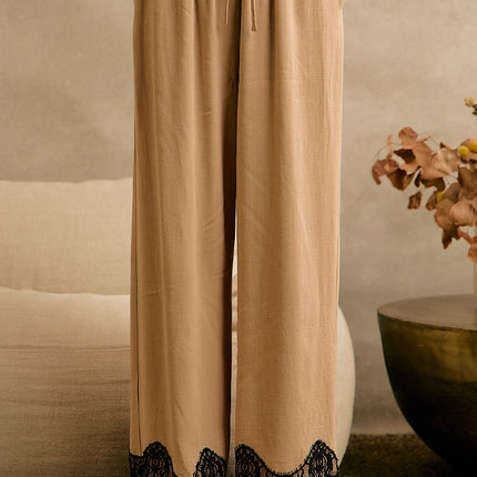 Beige Linen Blend Lace Trim Pants
