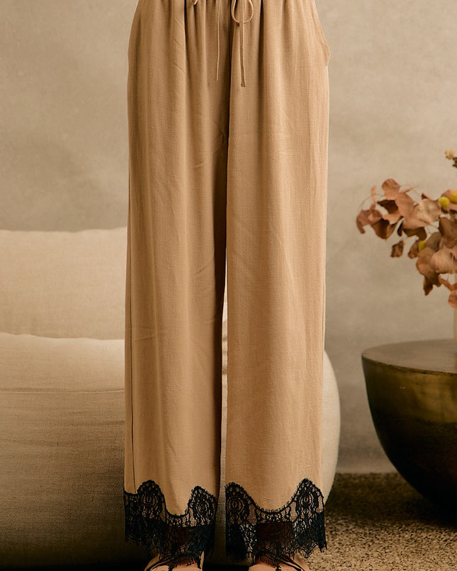Beige Linen Blend Lace Trim Pants