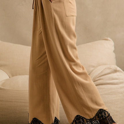 Beige Linen Blend Lace Trim Pants