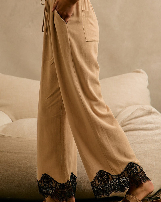 Beige Linen Blend Lace Trim Pants