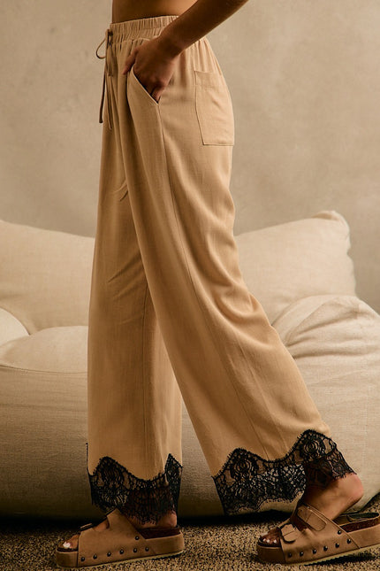 Beige Linen Blend Lace Trim Pants