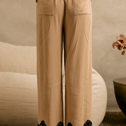 Beige Linen Blend Lace Trim Pants
