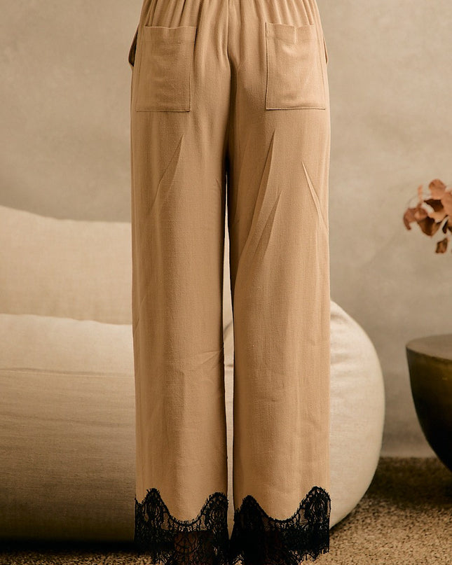 Beige Linen Blend Lace Trim Pants