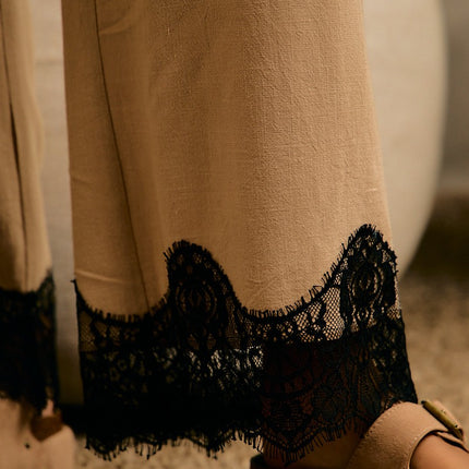 Beige Linen Blend Lace Trim Pants