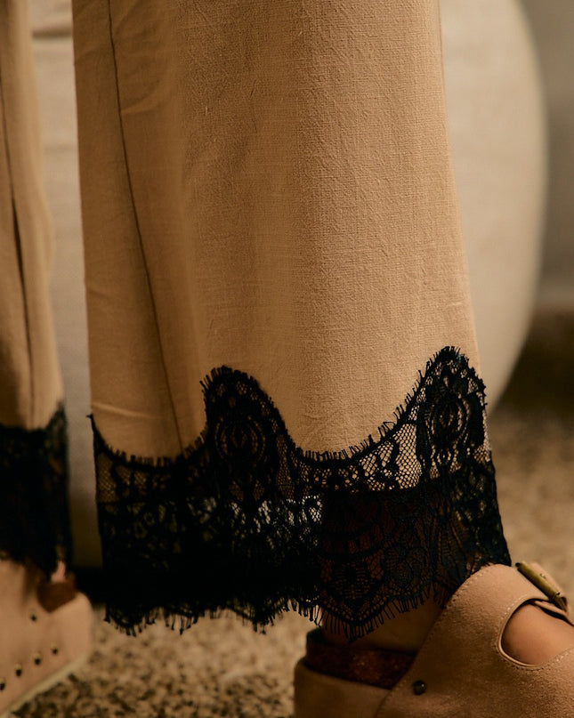 Beige Linen Blend Lace Trim Pants