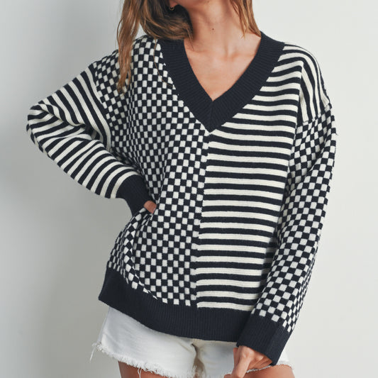 Black Checkered Pattern Drop Shoulder Sweater