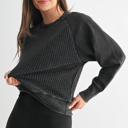Black Cozy Waffle Knit Pullover