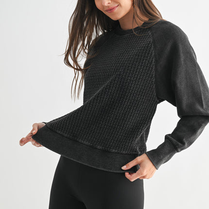 Black Cozy Waffle Knit Pullover
