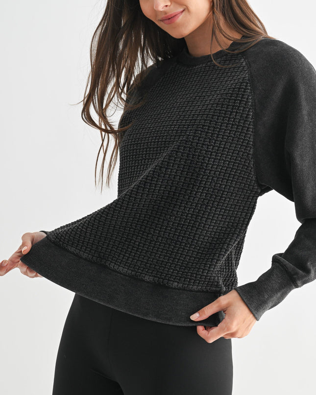 Black Cozy Waffle Knit Pullover
