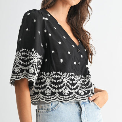 Black Embroidered Blouse Top