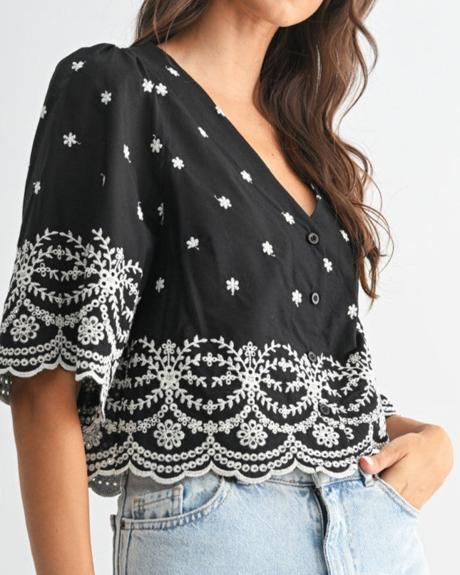 Black Embroidered Blouse Top