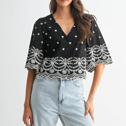 Black Embroidered Blouse Top