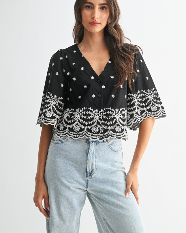 Black Embroidered Blouse Top