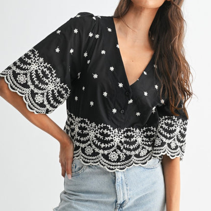 Black Floral Embroidered Blouse Top