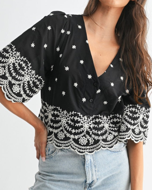 Black Floral Embroidered Blouse Top