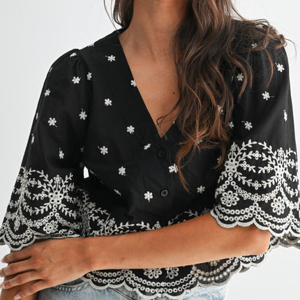 Black Embroidered Blouse Top