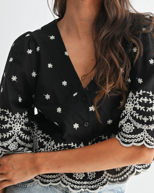 Black Embroidered Blouse Top