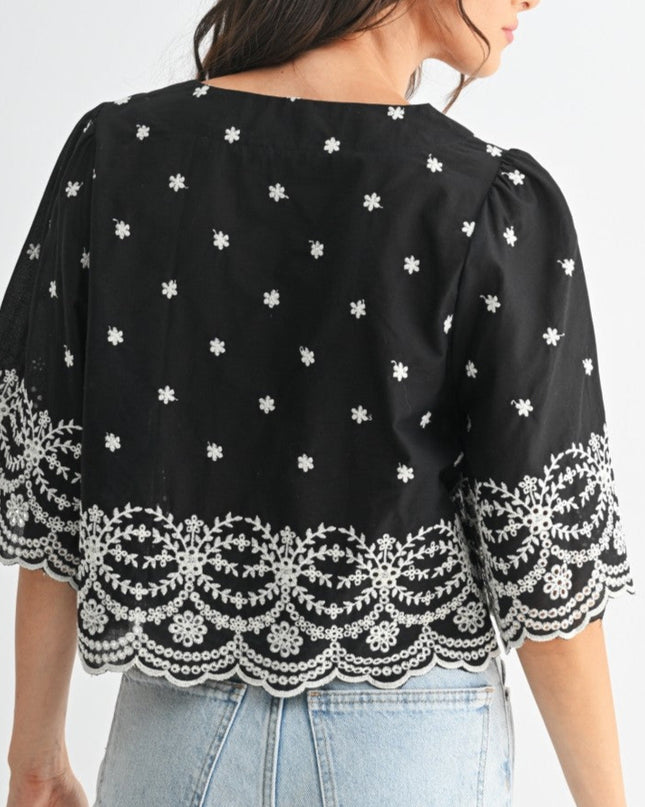 Black Embroidered Blouse Top