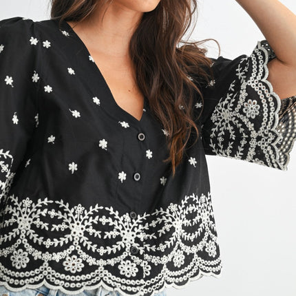 Black Embroidered Blouse Top