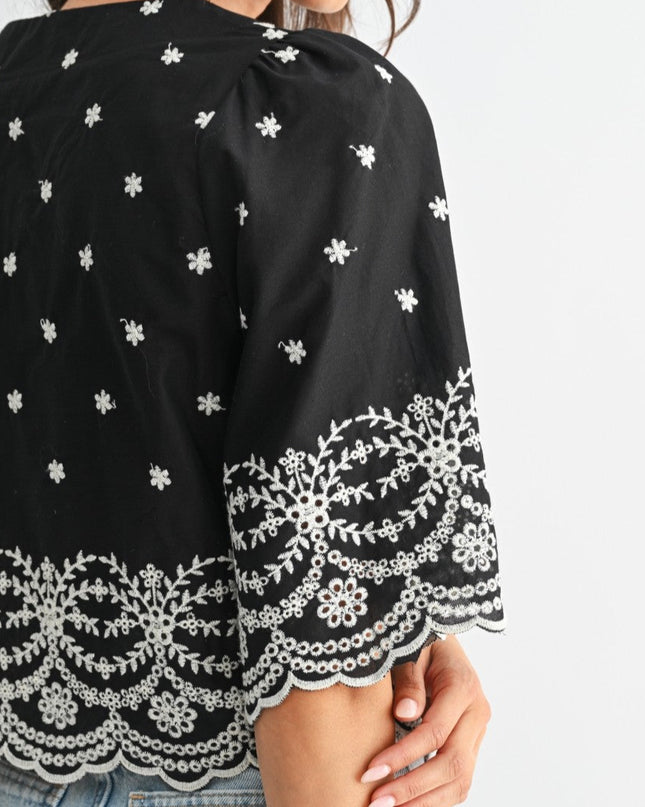 Black Embroidered Blouse Top