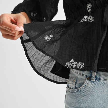 Black Floral Embroidered Tie Waist Top