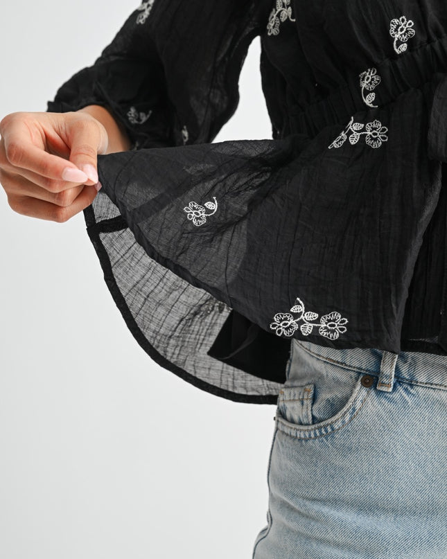 Black Floral Embroidered Tie Waist Top