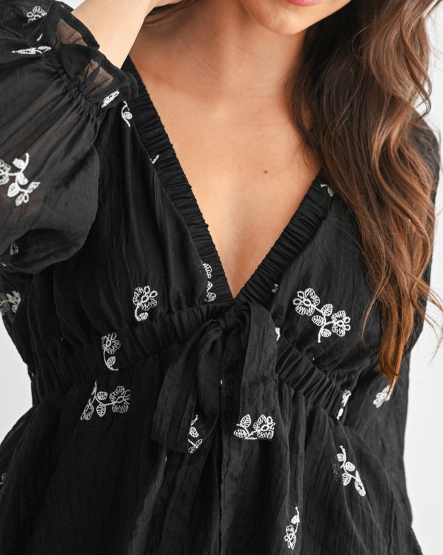 Black Floral Embroidered Tie Waist Top