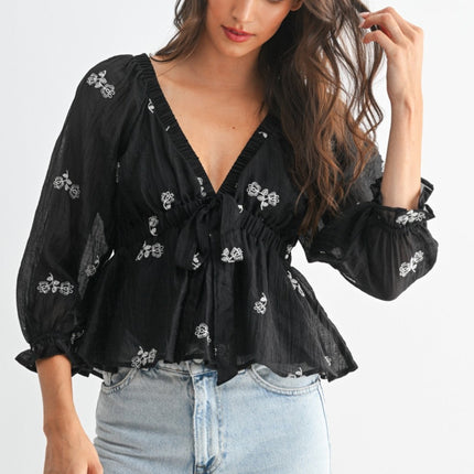 Black Floral Embroidered Tie Waist Top