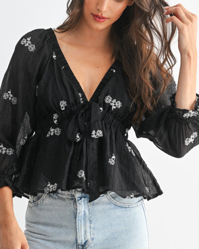 Black Floral Embroidered Tie Waist Top