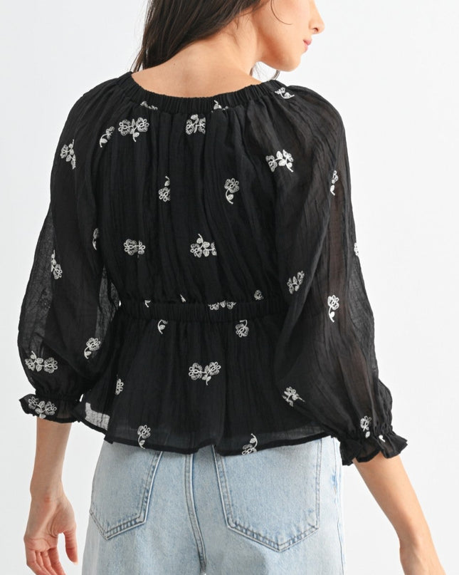Black Floral Embroidered Tie Waist Top