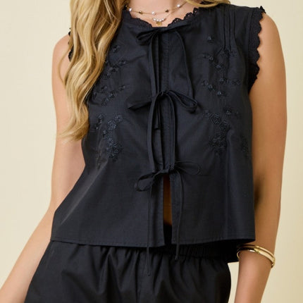 Black Floral Embroidery Sleeveless Tie Blouse
