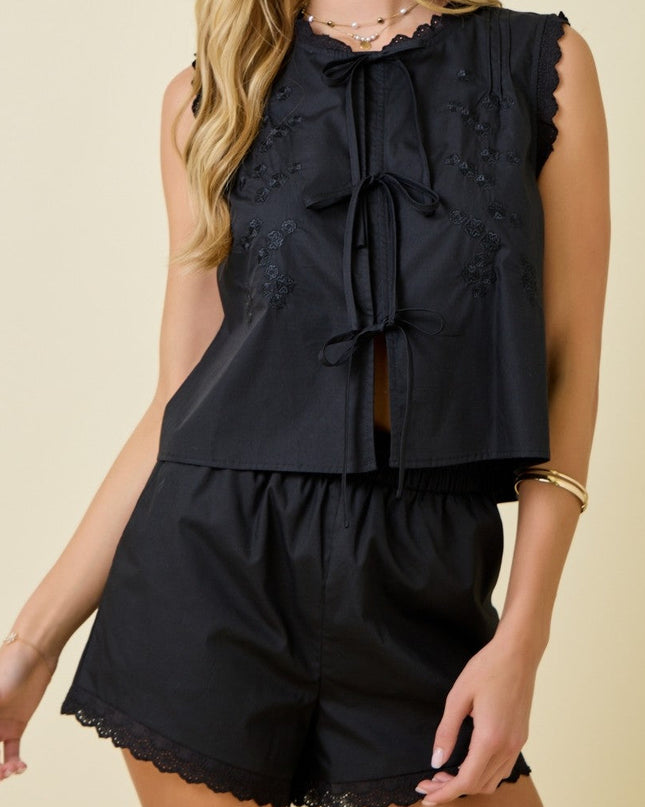 Black Floral Embroidery Sleeveless Tie Blouse