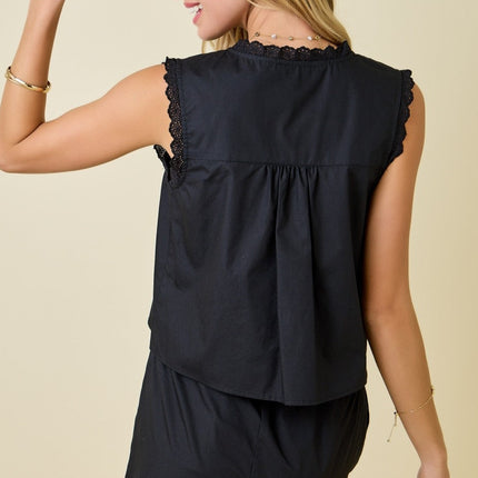 PRE-ORDER Black Floral Embroidery Sleeveless Tie Blouse