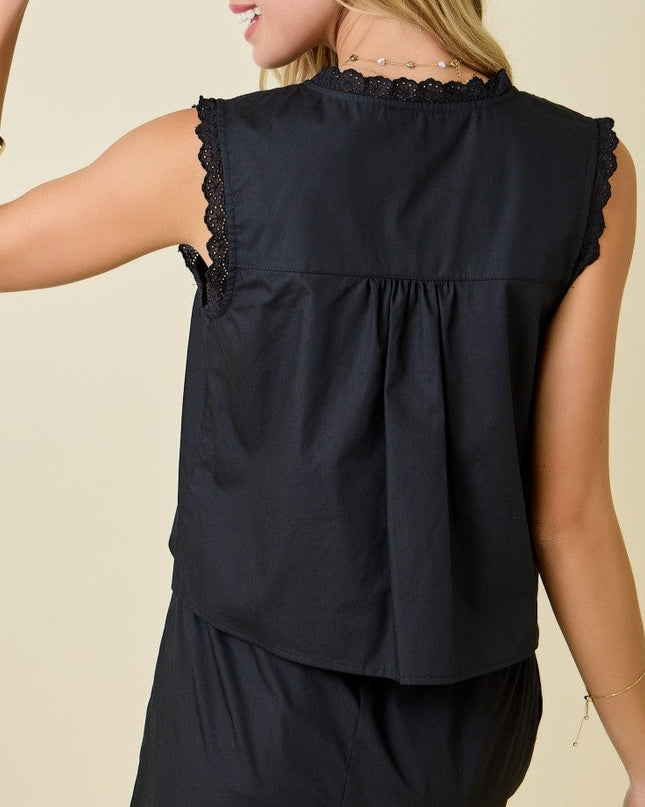 PRE-ORDER Black Floral Embroidery Sleeveless Tie Blouse