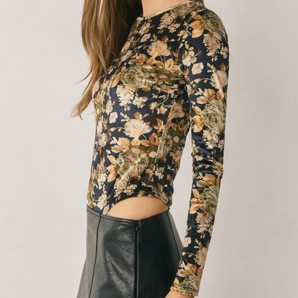 Black Gold Vintage Floral Velvet Bodysuit