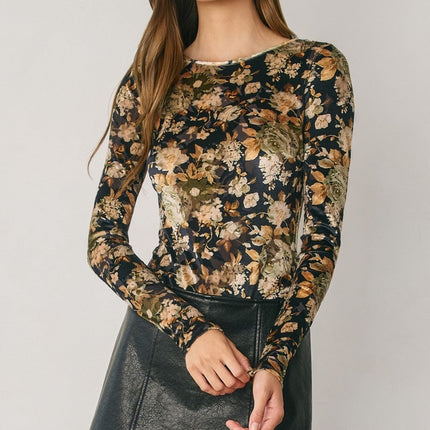 Black Gold Vintage Floral Velvet Bodysuit