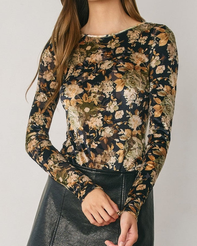 Black Gold Vintage Floral Velvet Bodysuit