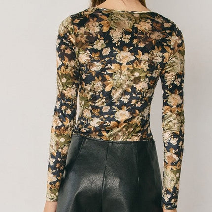 Black Gold Vintage Floral Velvet Bodysuit