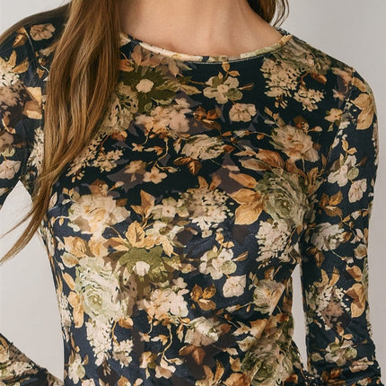 Black Gold Vintage Floral Velvet Bodysuit