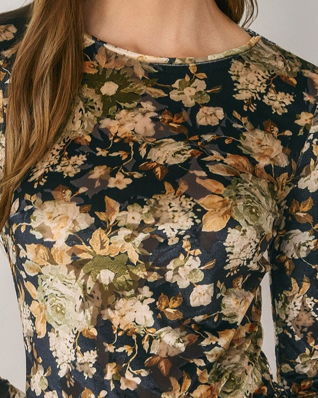 Black Gold Vintage Floral Velvet Bodysuit