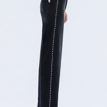 Black High Rise Silver Stud Wide Leg Jeans