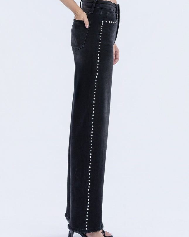 Black High Rise Silver Stud Wide Leg Jeans
