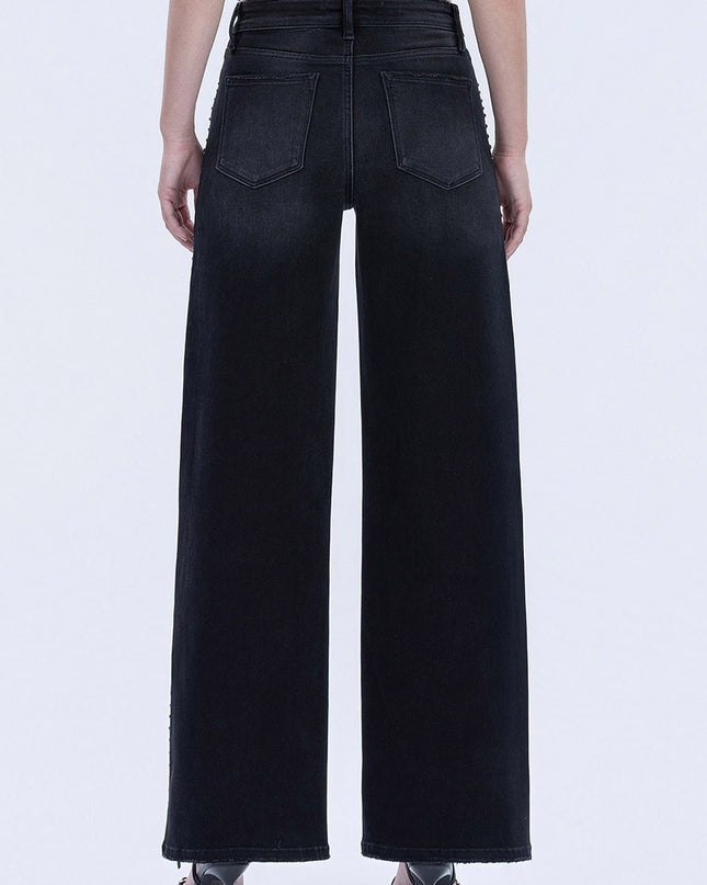 Black High Rise Silver Stud Wide Leg Jeans